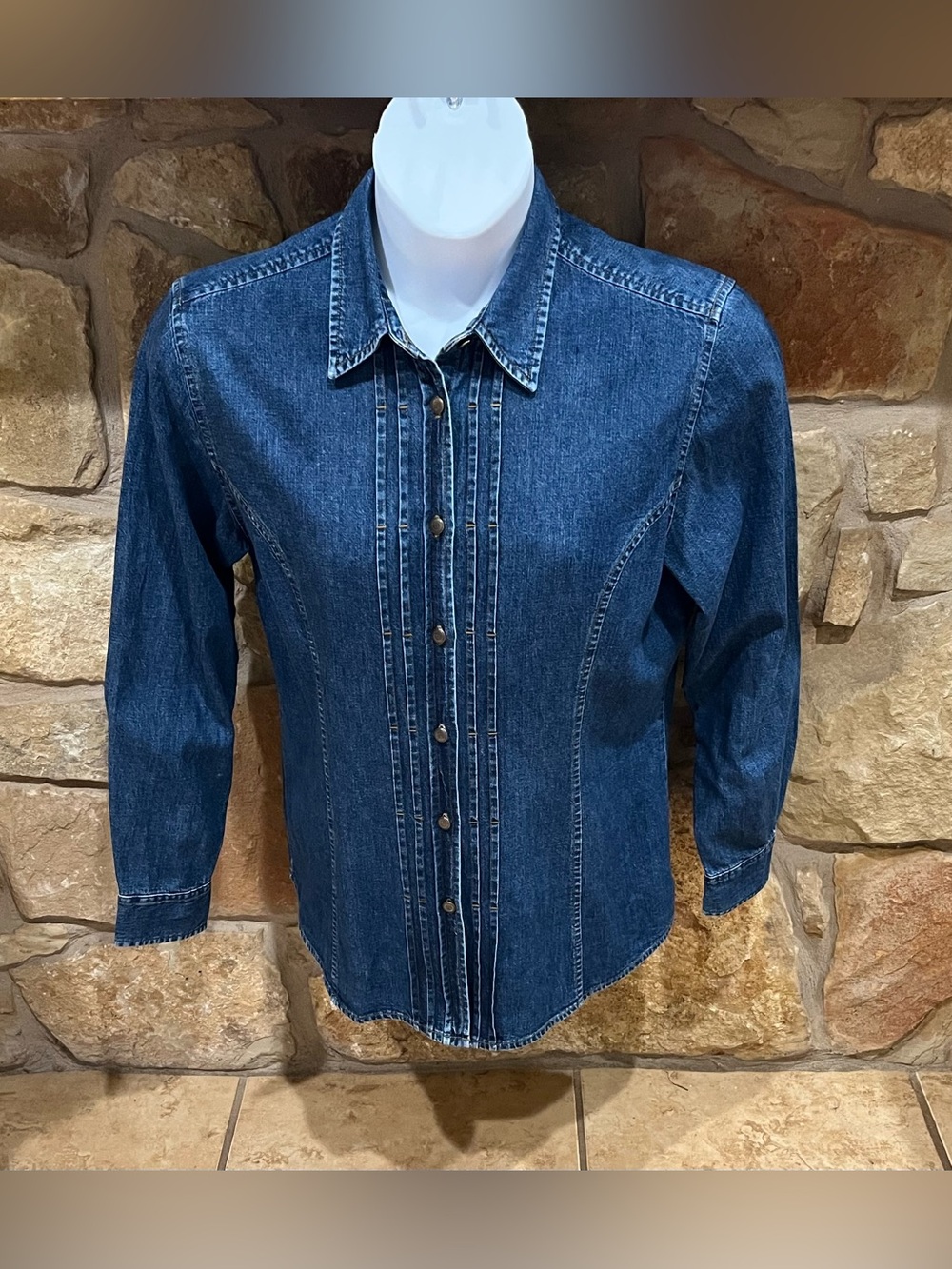 Vtg Laura Ashley Classic Pleated Denim Button Down Shirt or Shacket Women Large
